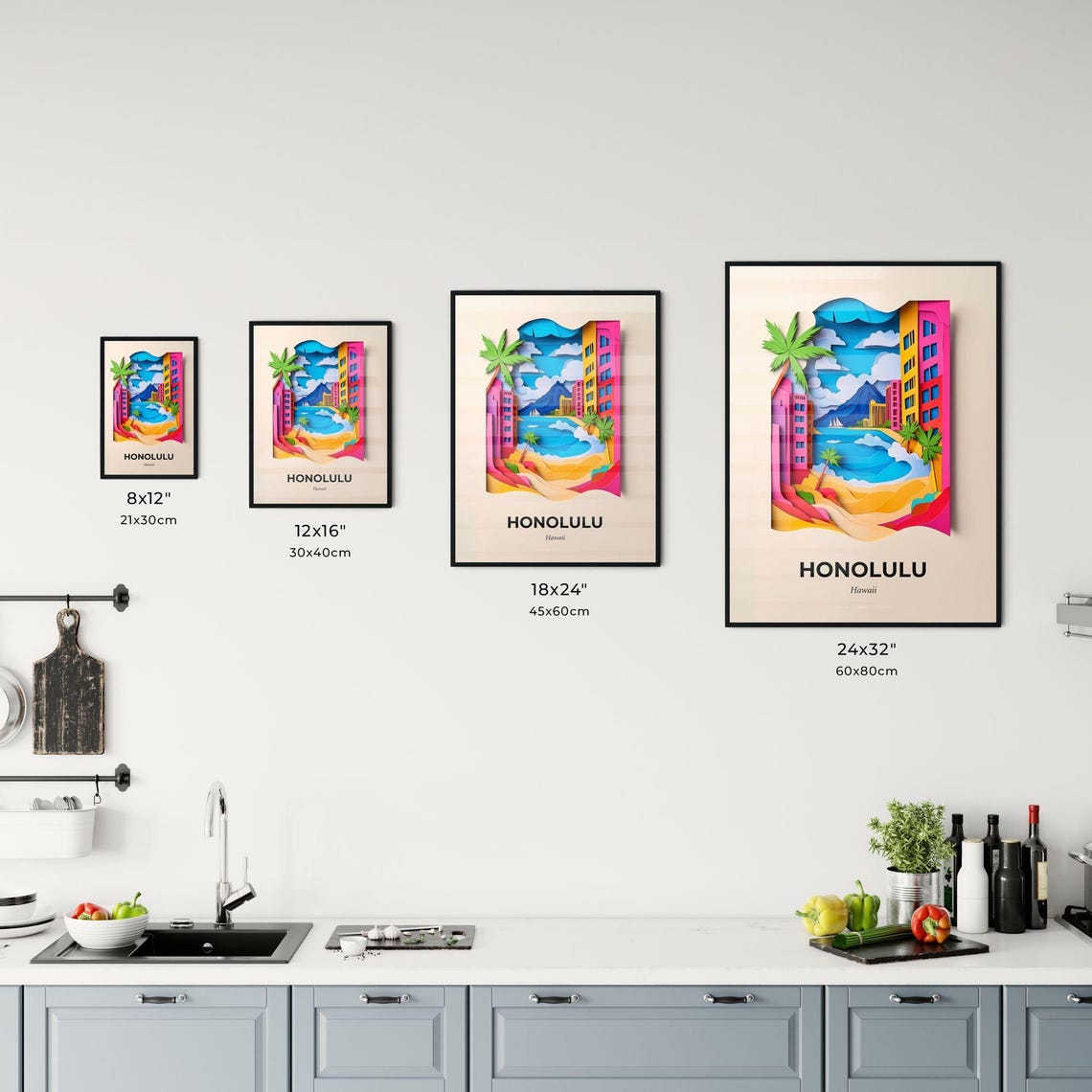Honolulu Hawaii Beach Palms And Volcano Paper Cut Travel Poster - Image 3
