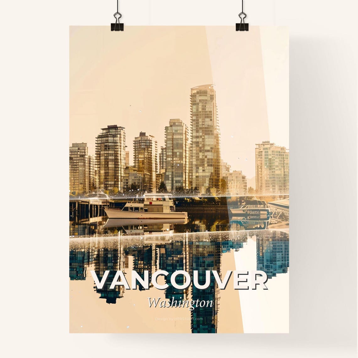 Vancouver Washington Golden Waterfront Tower Reflection Art Poster - Image 4