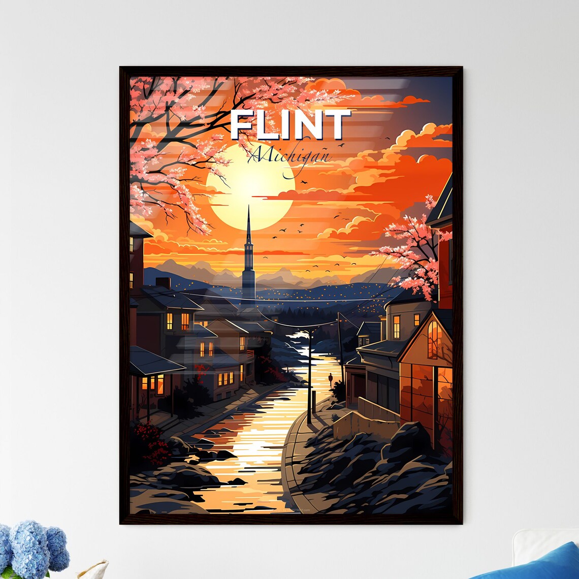 Flint Michigan Sunset River Street Blossom Town View Travel Poster