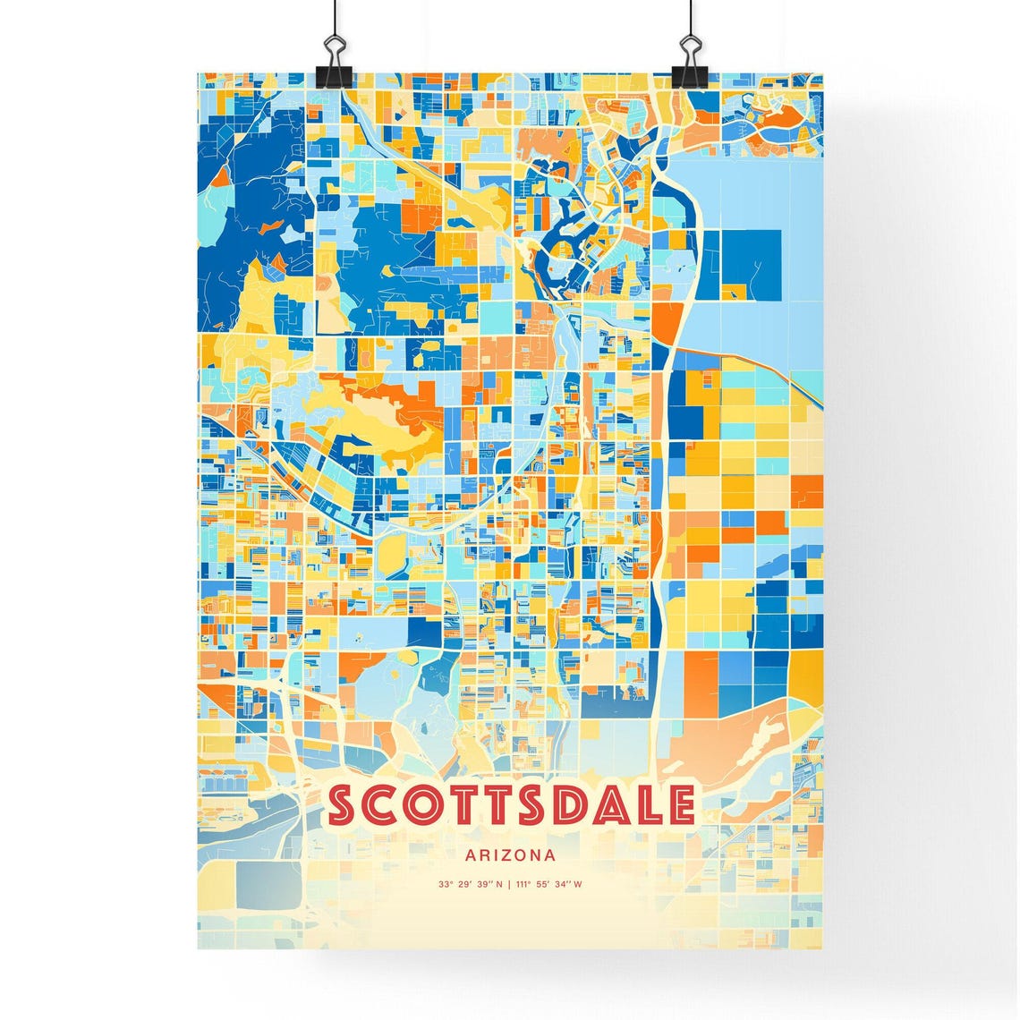Scottsdale Arizona Bold City Map Art Poster in Orange Blue and Cream - Image 3