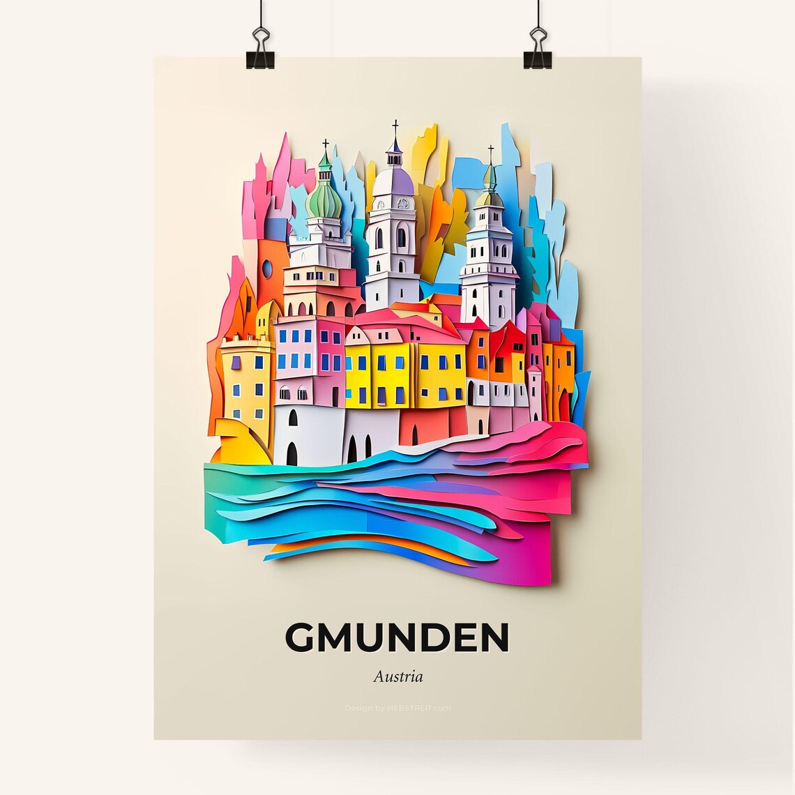 Gmunden Austria Colorful Paper Cut Church Towers Lake Poster - Image 4