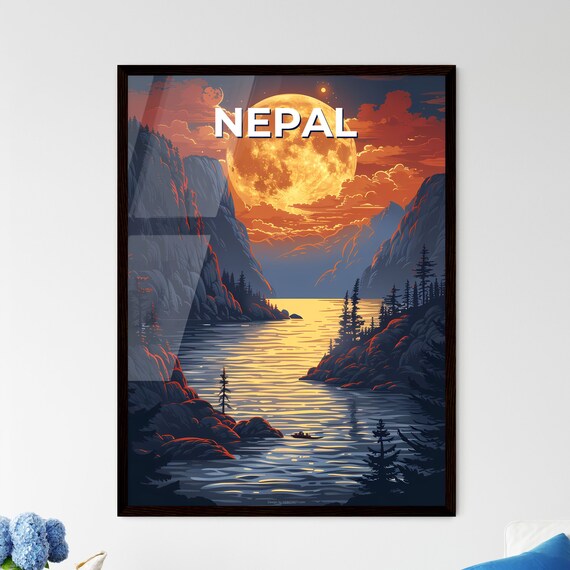 Nepal Giant Golden Full Moon Lake Mountains Night Art Poster
