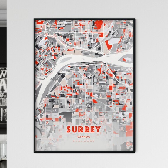 Surrey Canada Modern Red Gray Expressive City Map Poster Customizable