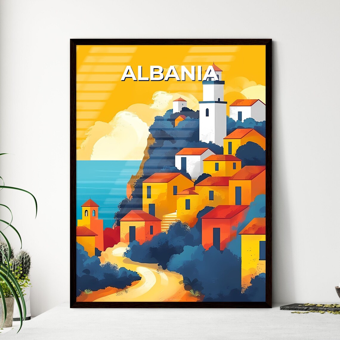 Albania Hillside Village Lighthouse Yellow Sky Vintage Travel Poster