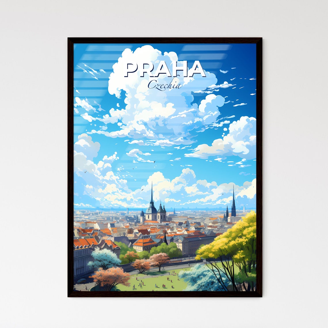 Praha Czechia Prague Skyline Churches Red Roofs Clouds Travel Poster