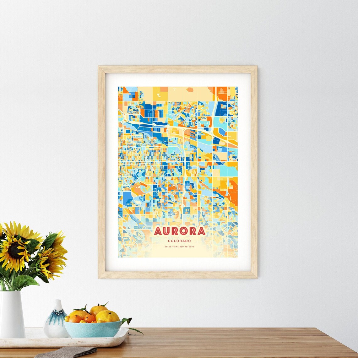 Aurora Colorado City Map Art Poster in Bold Blue and Orange Tones - Image 2