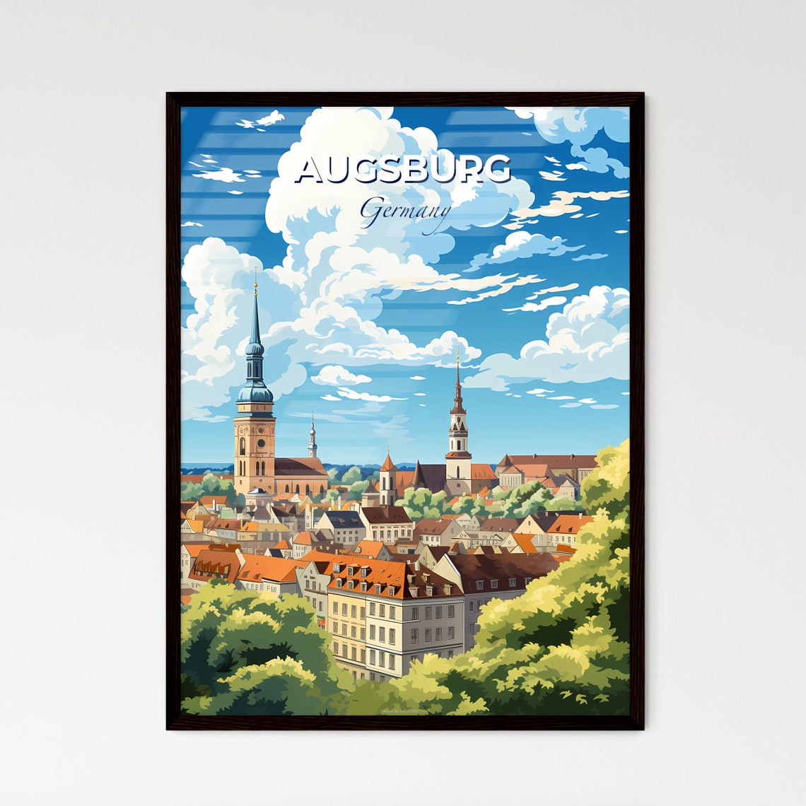 Augsburg Germany Skyline Old Town Churches Vintage Travel Poster