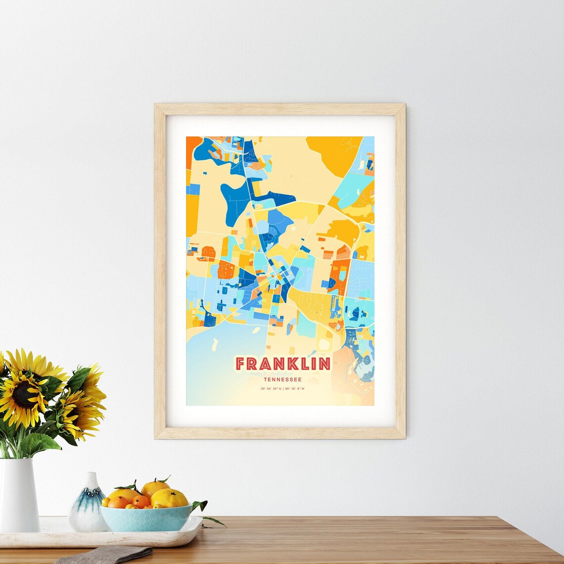 Franklin Tennessee Colorful Blue and Orange Retro City Street Map Wall Art - Image 2