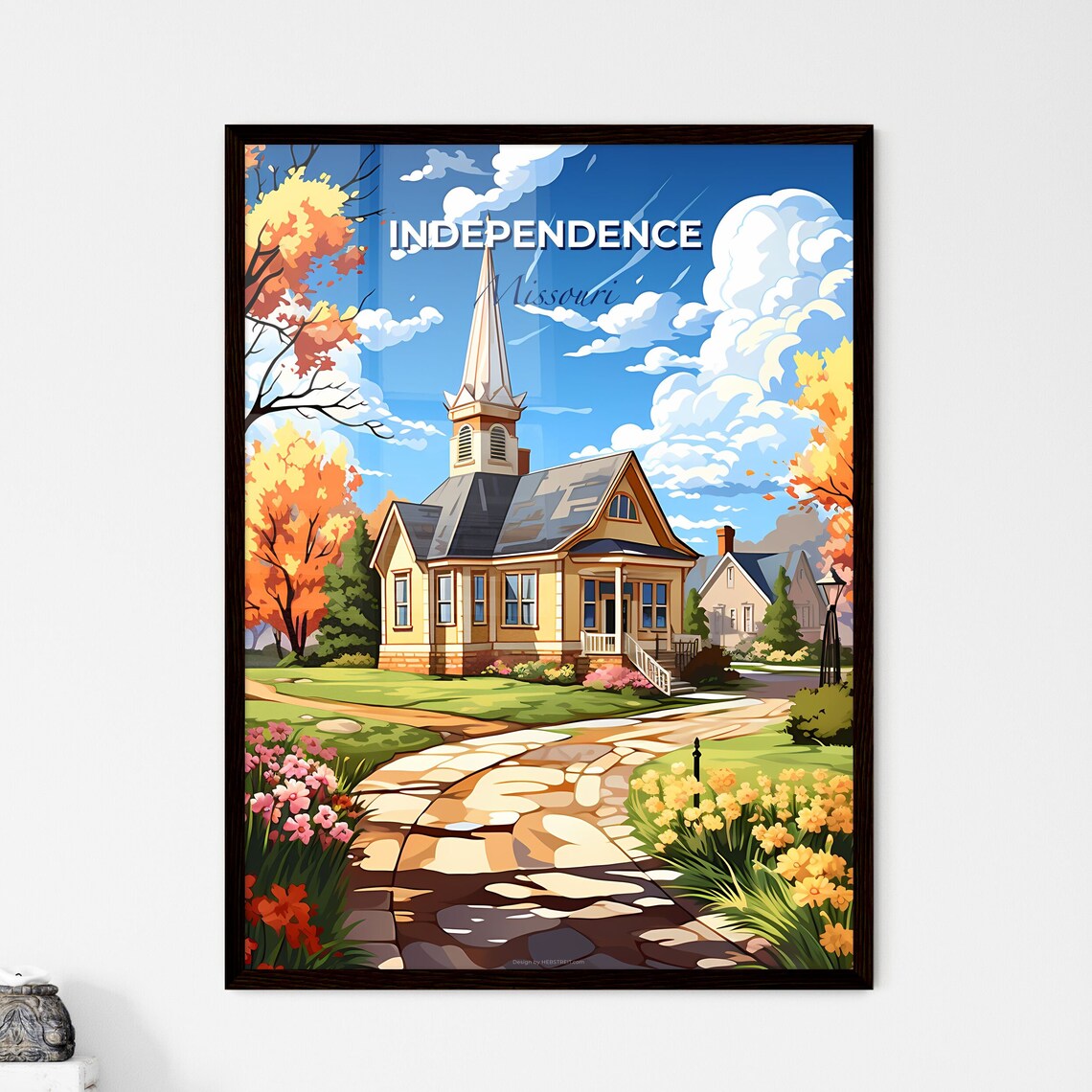 Independence Missouri Steepled Church Garden Path Travel Poster