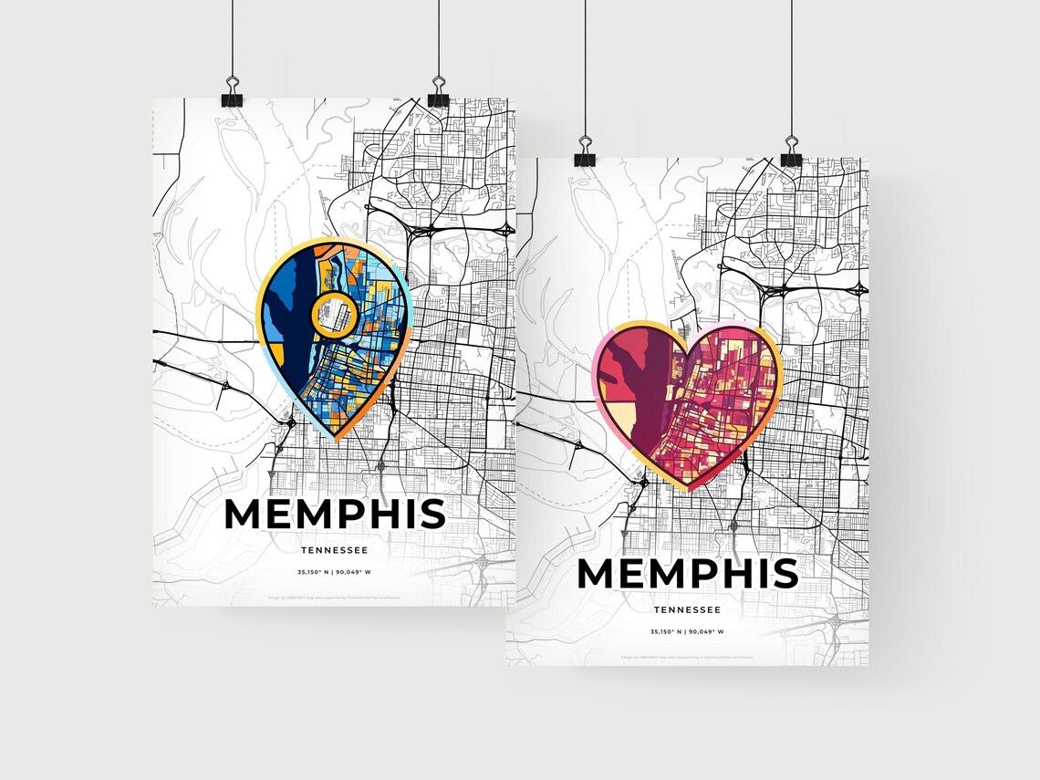 Memphis Tennessee Minimal Map Art With Colorful Heart Icon Poster - Image 2