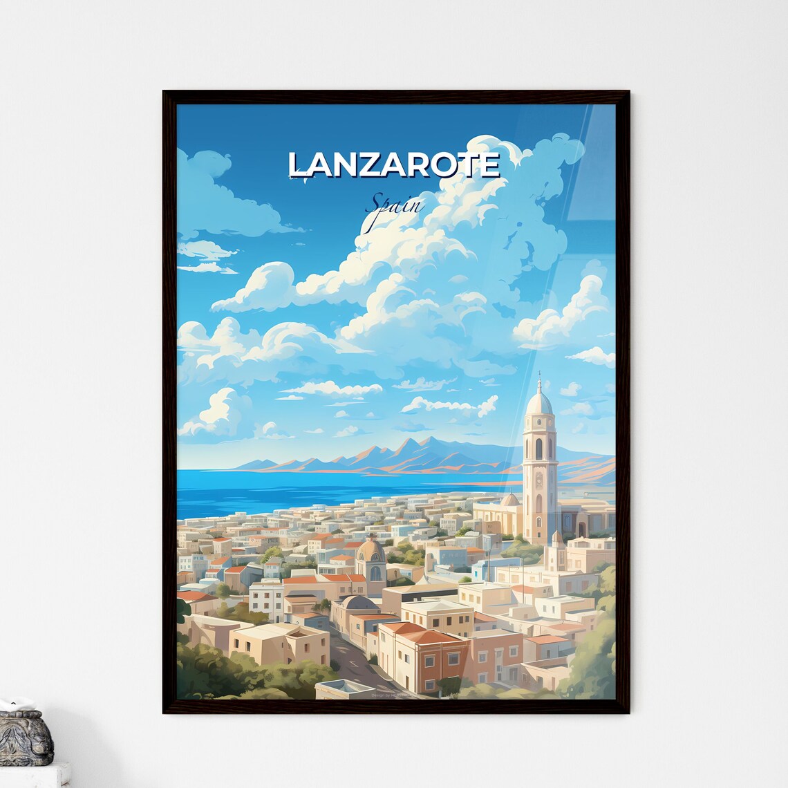 Lanzarote Spain Poster Illustrated Coastal City Church Tower Harbor Art