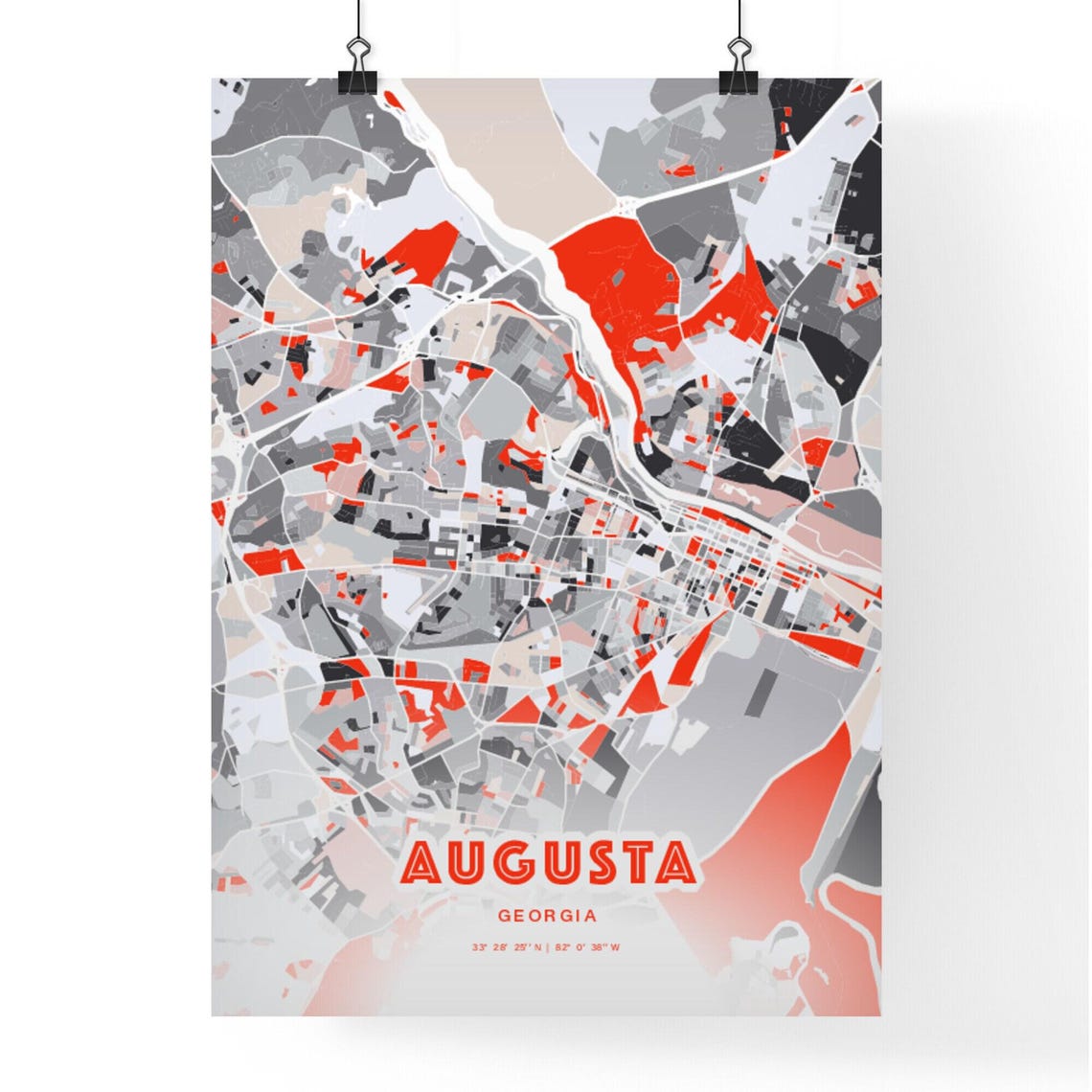 Augusta Georgia City Map Art Poster Red Gray Expressive Street Design - Image 3