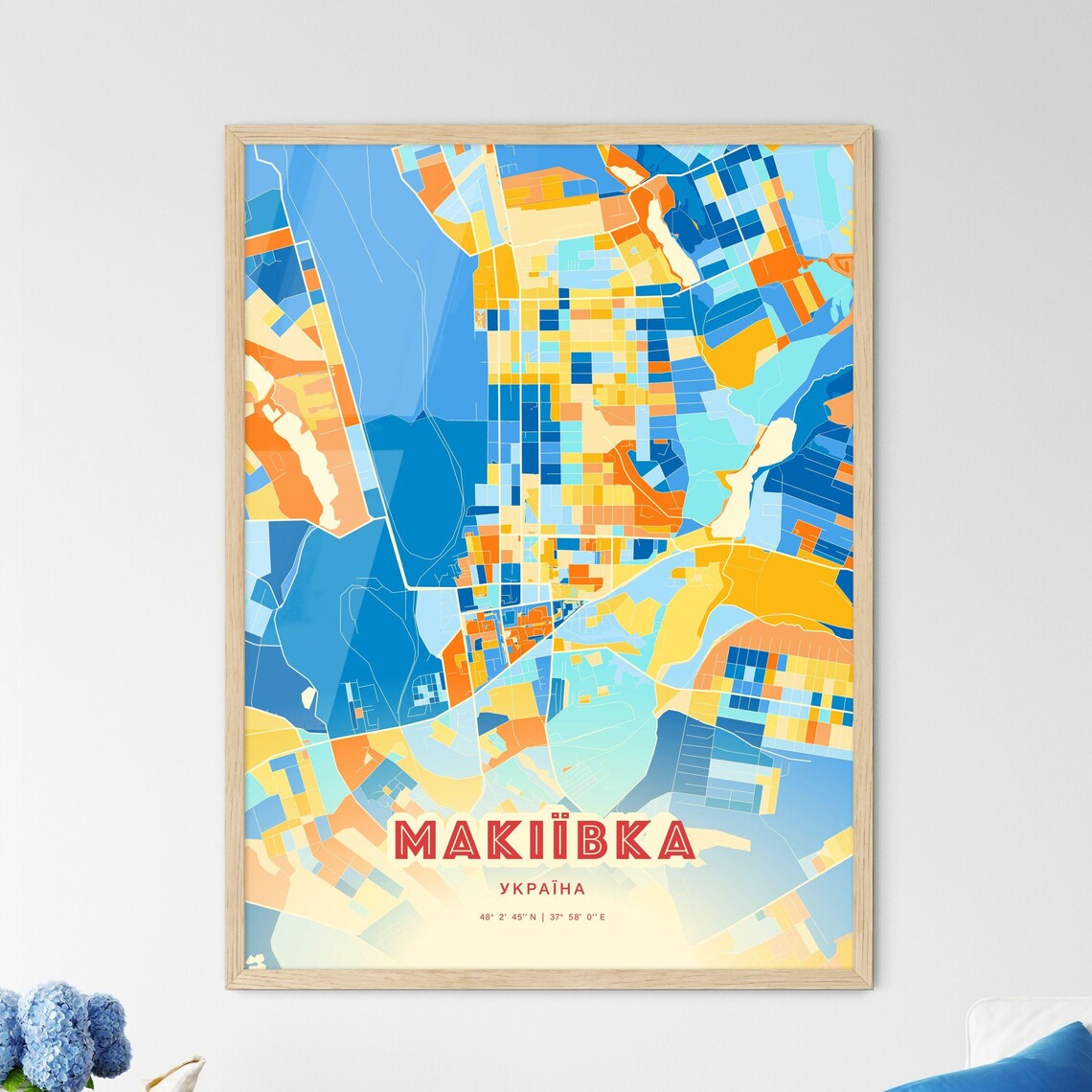 Makiivka Ukraine Blue Orange Colorful City Map Art Poster With Coordinates