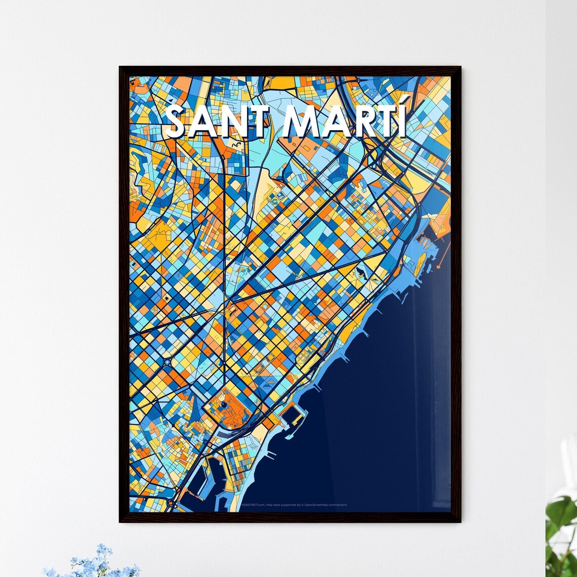 Sant Martí Spain Bold Geometric City Map Art Poster in Blue and Orange