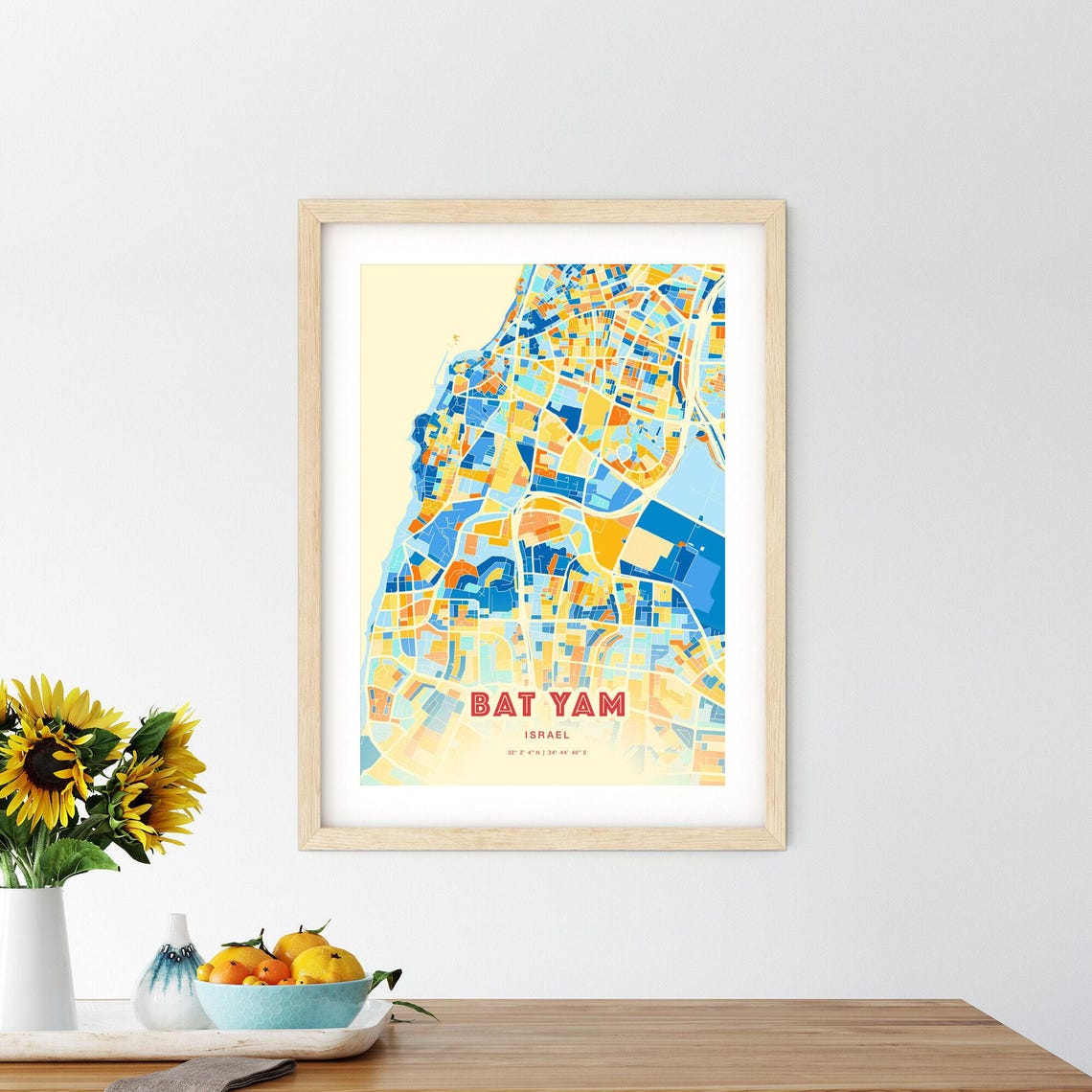 Bat Yam Israel Blue Orange City Map With Coordinates Art Poster - Image 2