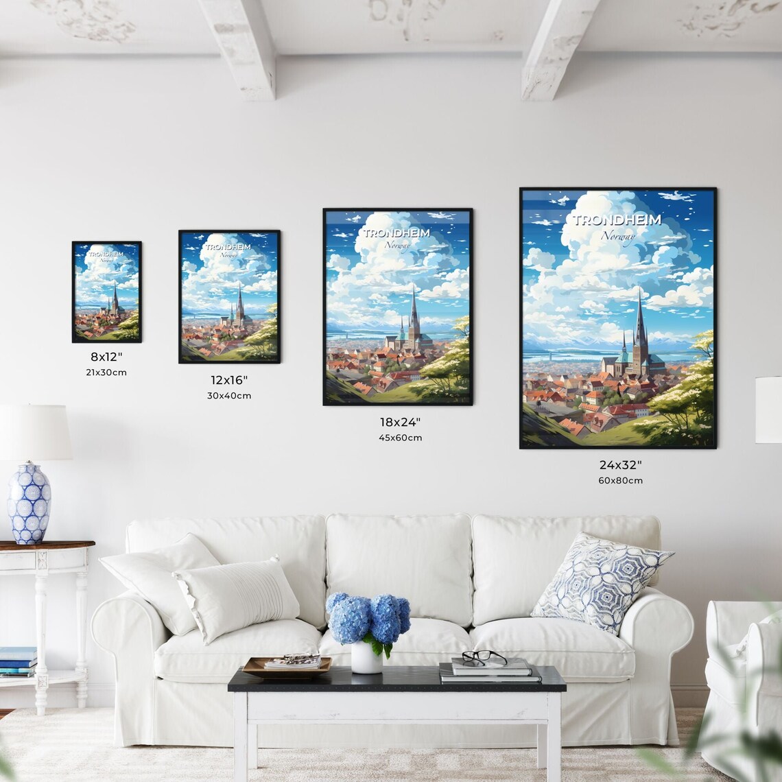 Trondheim Norway Travel Poster Cathedral Spire Fjord Mountains Illustration - Image 3