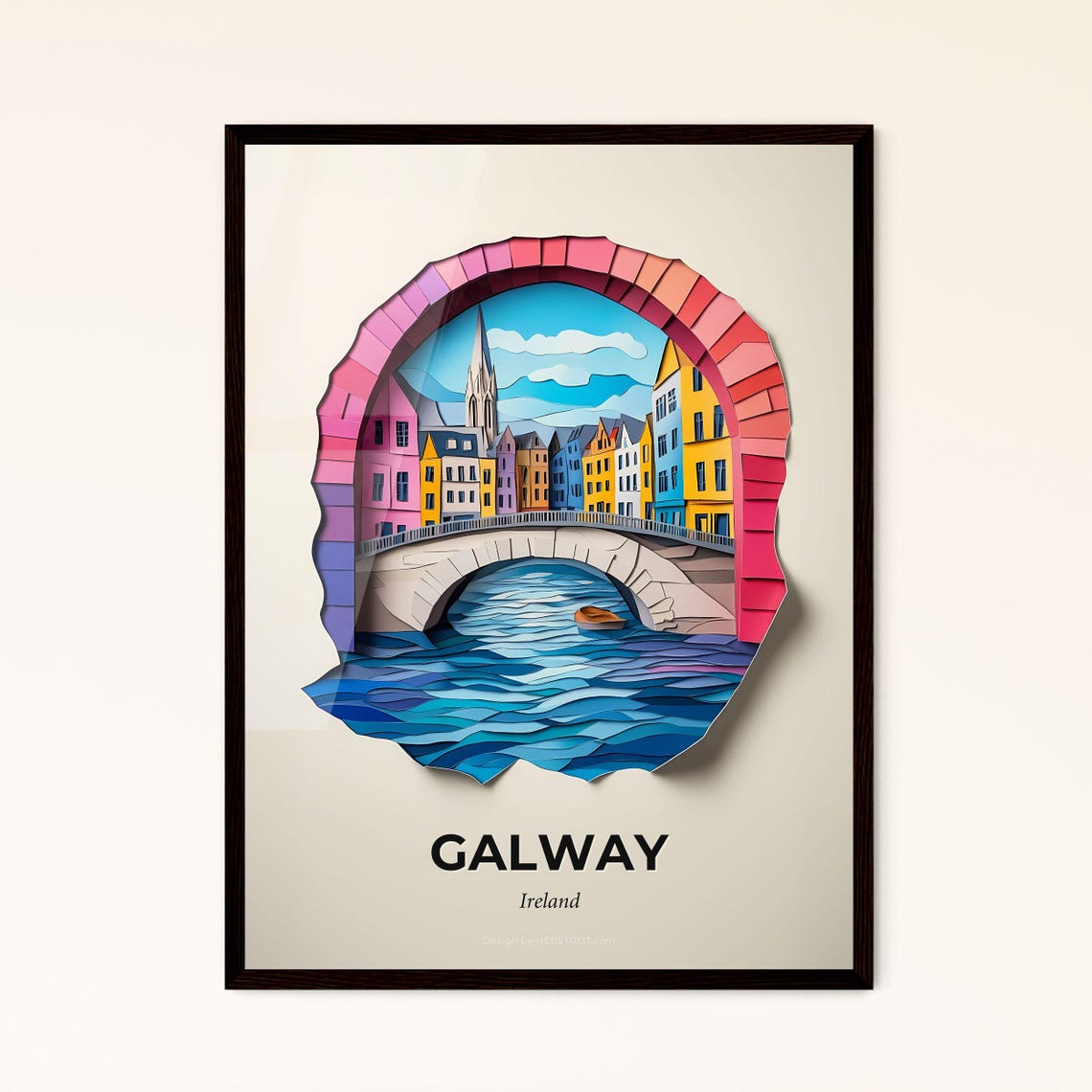 Galway Ireland Stone Bridge Over River Paper Cut Travel Poster