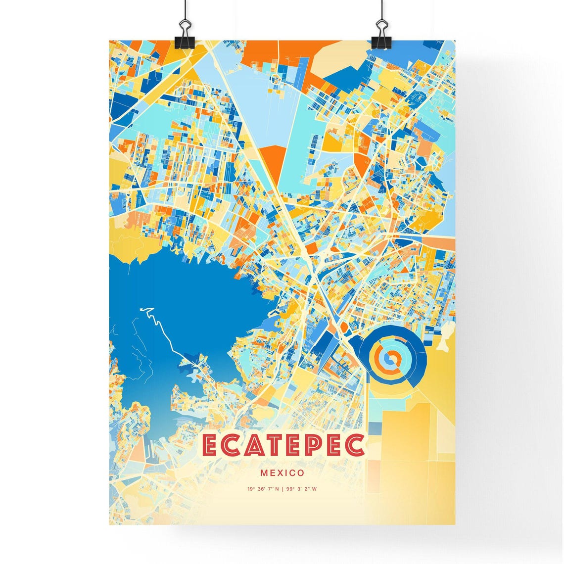 Ecatepec Mexico Colorful Blue Orange Modern City Street Map Poster - Image 3