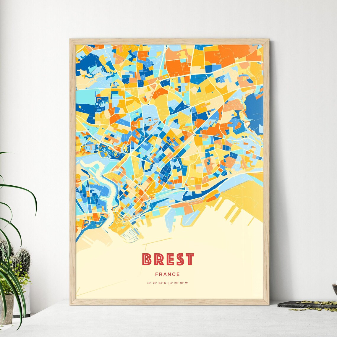 Brest France Colorful Blue Orange Coastal City Map Art Print