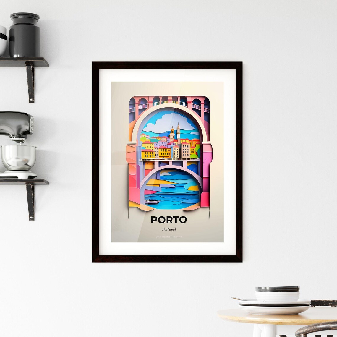 Porto Portugal Riverside Bridge Colorful Paper Cut Art Poster - Image 2