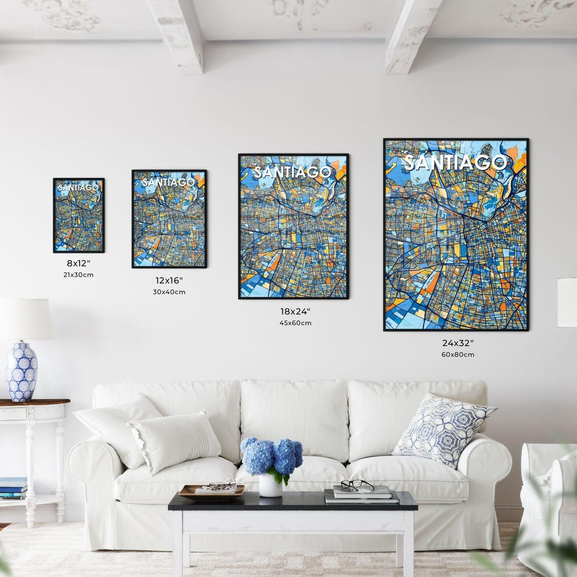 Santiago City Map Art Poster Midnight Blue Orange Modern Decor - Image 3