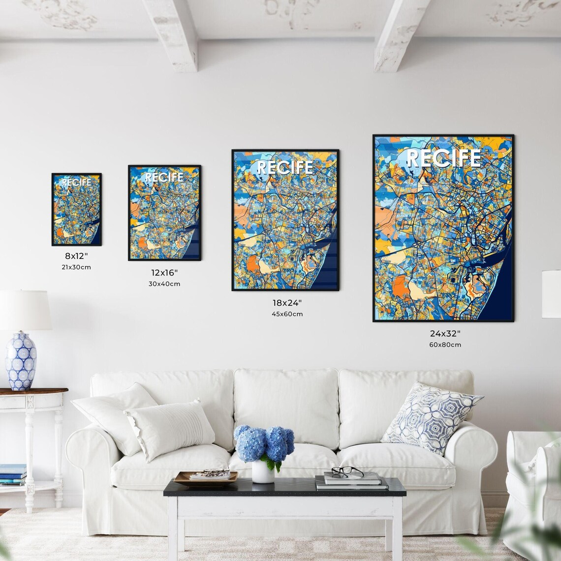 Recife Brazil Bold Colorful Blue Orange Fine Art City Map Poster - Image 3