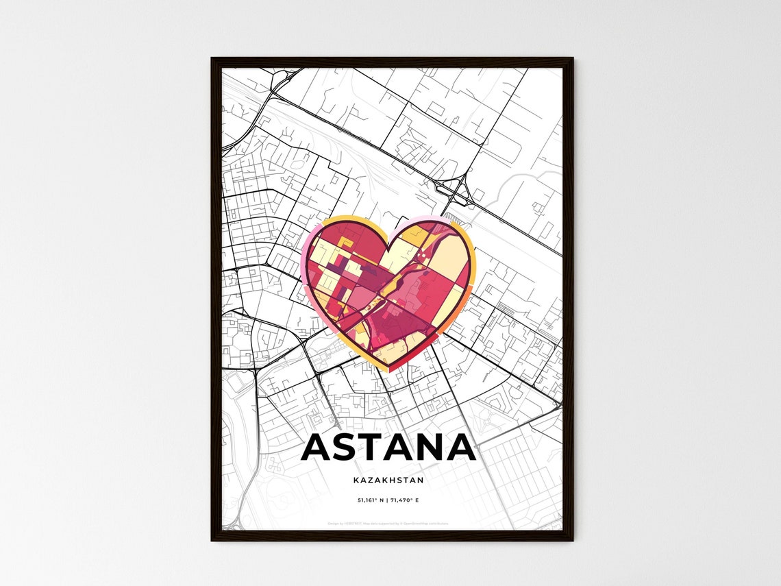 Astana Kazakhstan Minimalist Line Art Heart Shaped City Map Poster