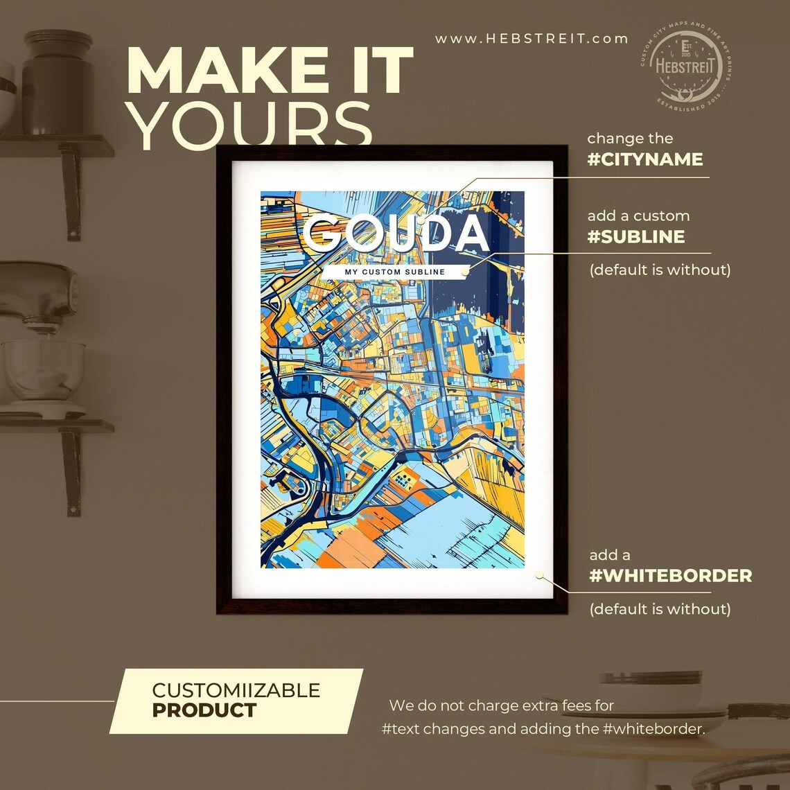 Gouda Netherlands Bold Geometric City Map Art Poster in Blue and Orange - Image 2