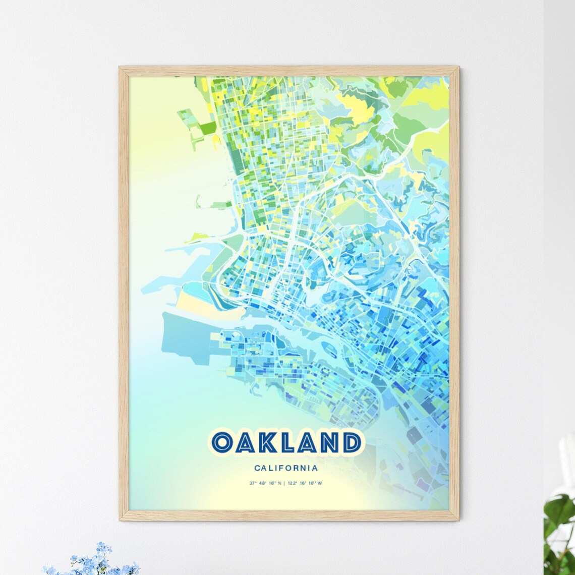 Oakland California Bluish Watercolor Modern Decorative City Map Art Poster