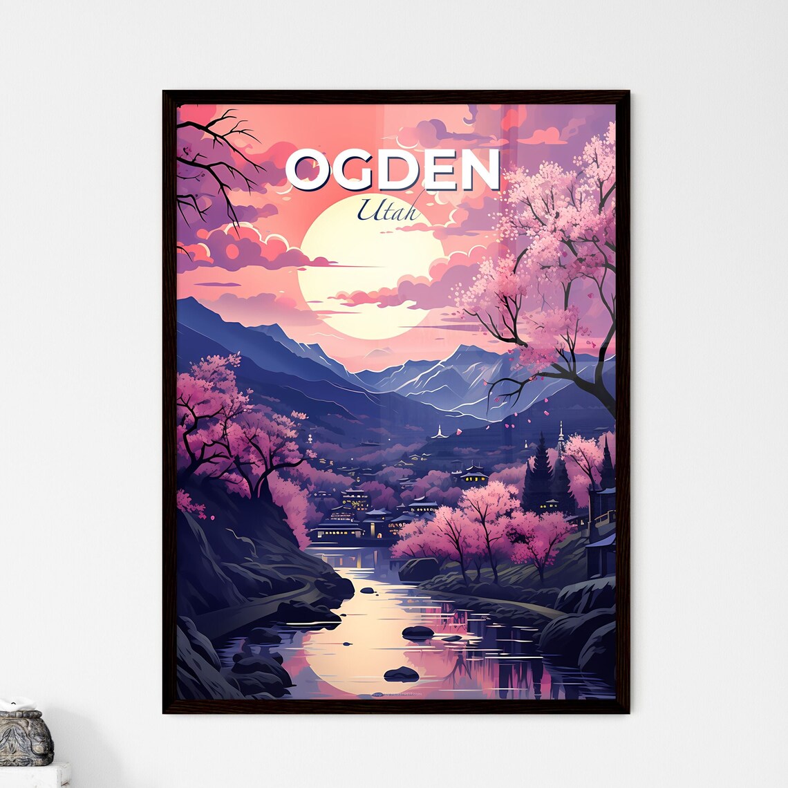 Ogden Utah Cherry Blossom Mountain River Vintage Travel Poster