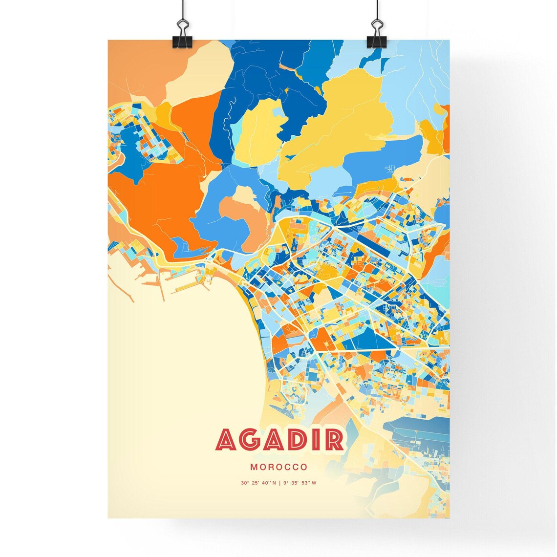 Agadir Morocco Blue Orange Colorful City Map Art Poster With Coordinates - Image 3