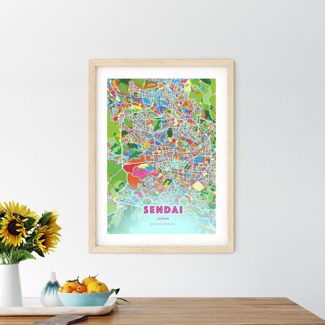Sendai Japan Colorful City Map Art Poster in Pink and Turquoise - Image 2