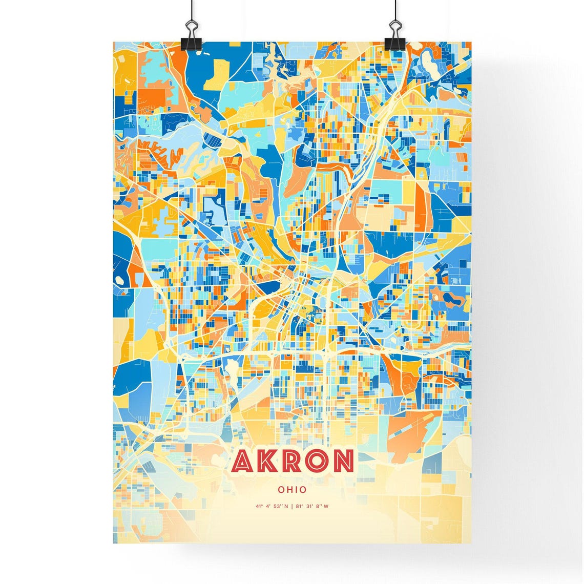 Akron Ohio Blue Orange Colorful City Map Art Poster With Coordinates - Image 3