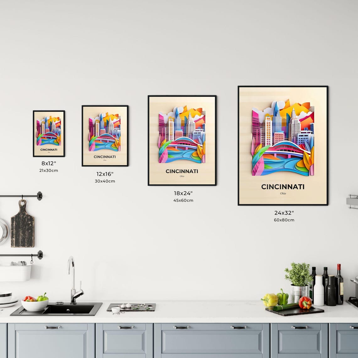 Cincinnati Ohio Colorful Paper Cut Bridge River Skyline Poster - Image 3