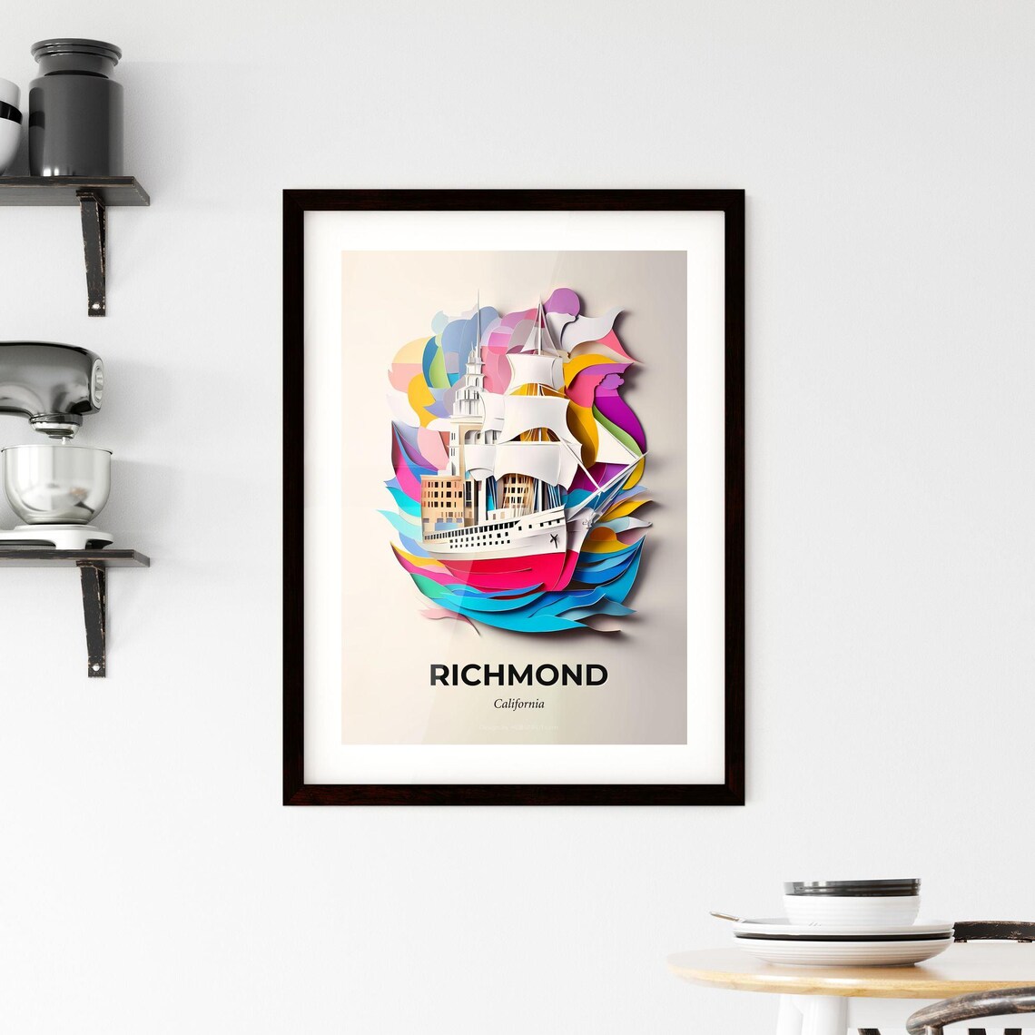 Richmond California Tall Ship Colorful Waves Paper Cut Poster - Image 2