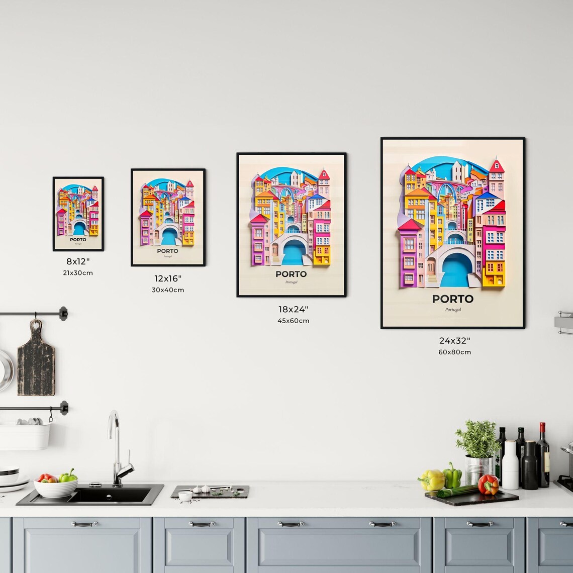 Porto Portugal Riverside Bridge Colorful Houses Paper Cut Poster - Image 3