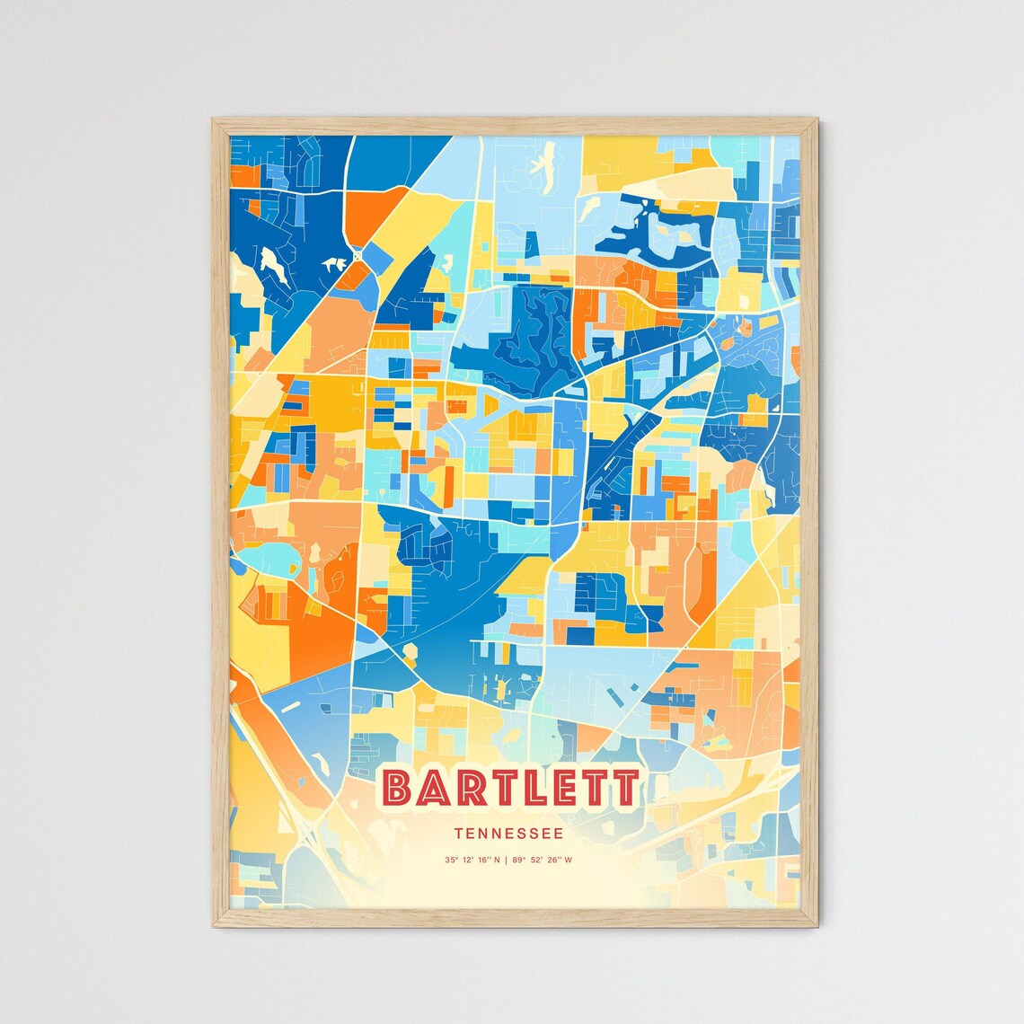 Bartlett Tennessee Colorful Blue and Orange Retro City Street Map Wall Art - Image 3