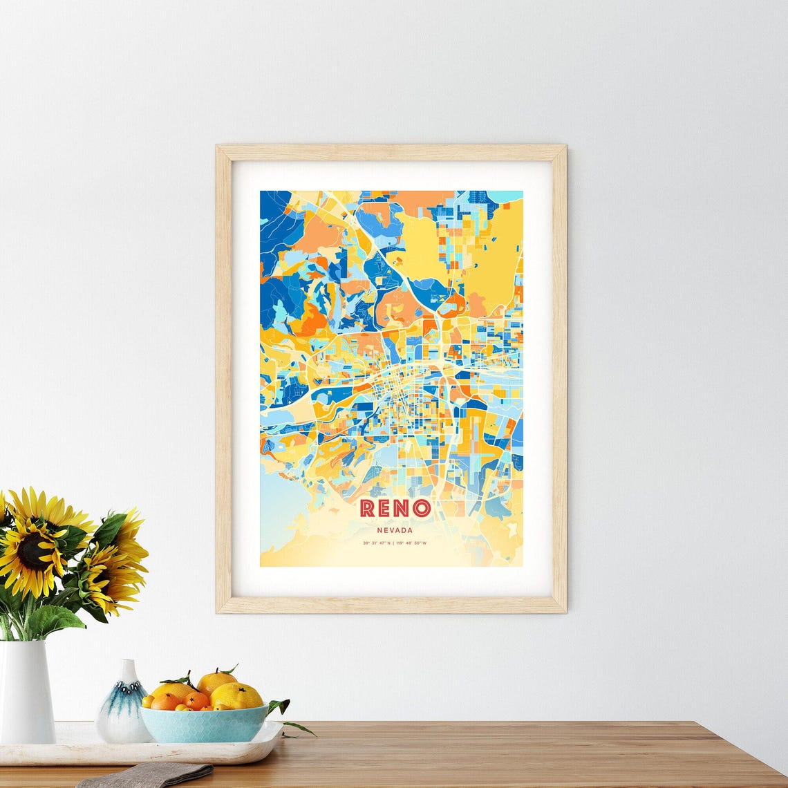 Reno Nevada Colorful City Map Art Coordinates Vibrant Poster - Image 2