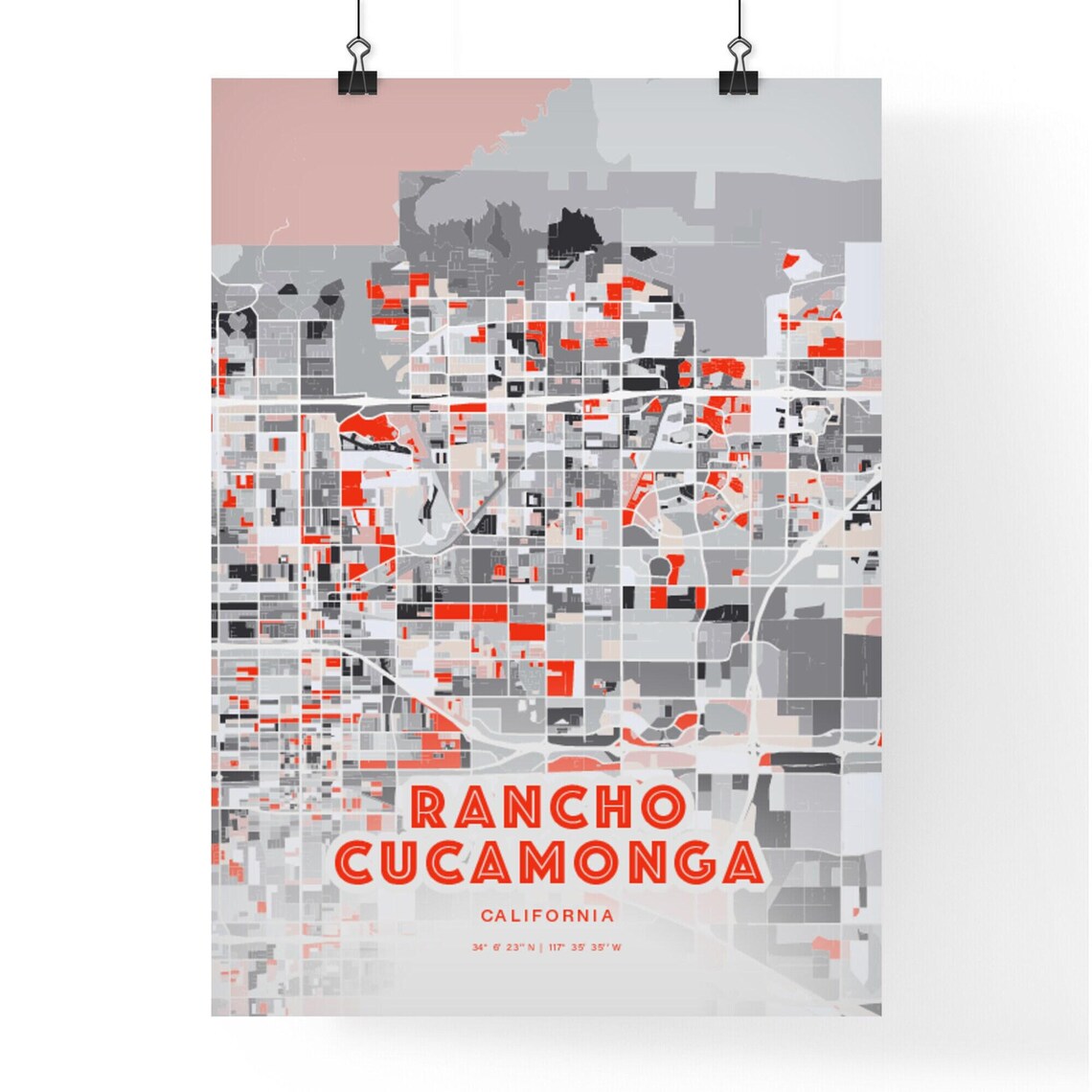 Rancho Cucamonga California Expressive Red Abstract City Map Art Poster - Image 3