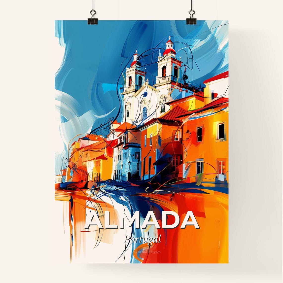 Almada Portugal Abstract Church Town Vivid Painting Art Poster - Image 4