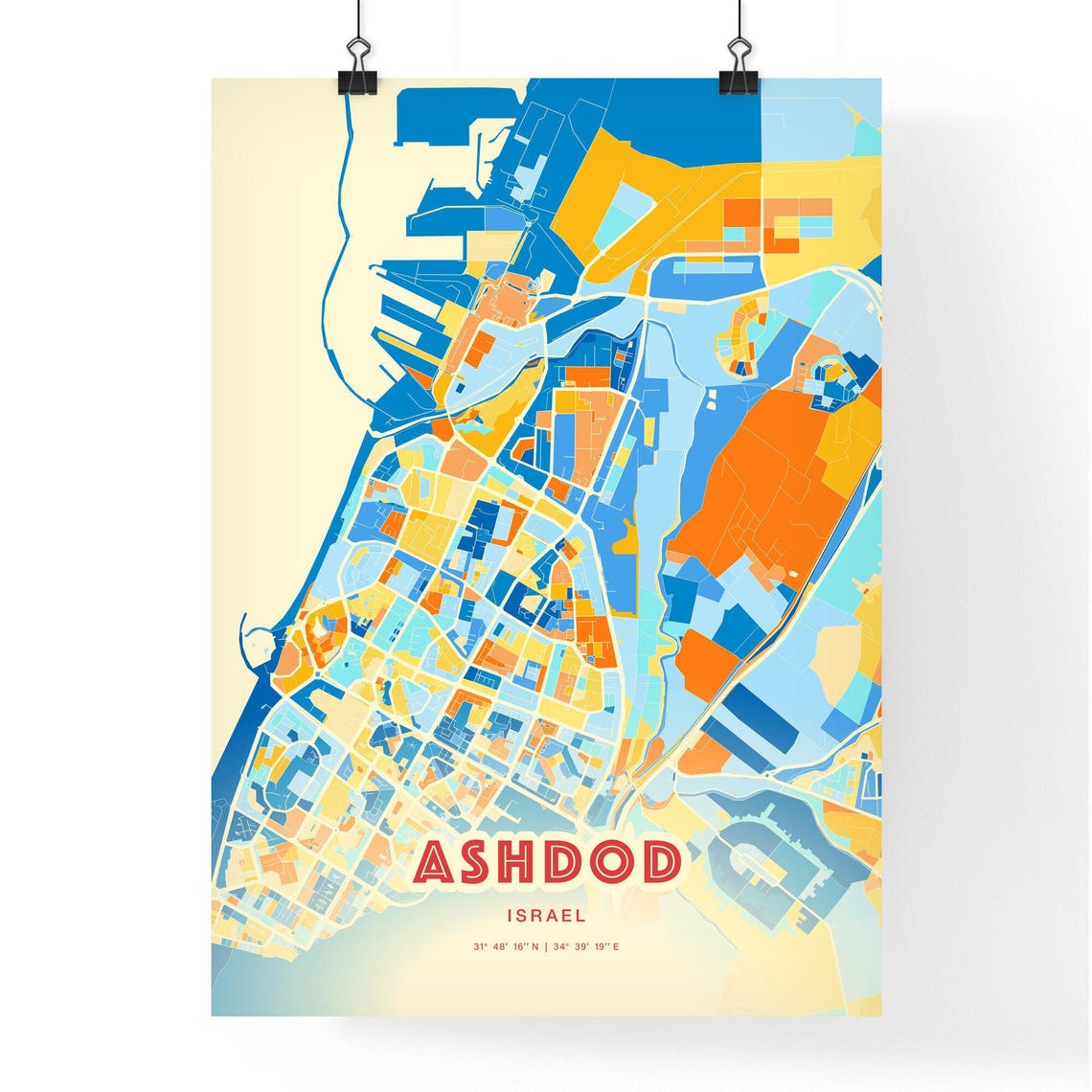 Ashdod Israel Bold Blue Orange Abstract City Map Fine Art Poster - Image 3
