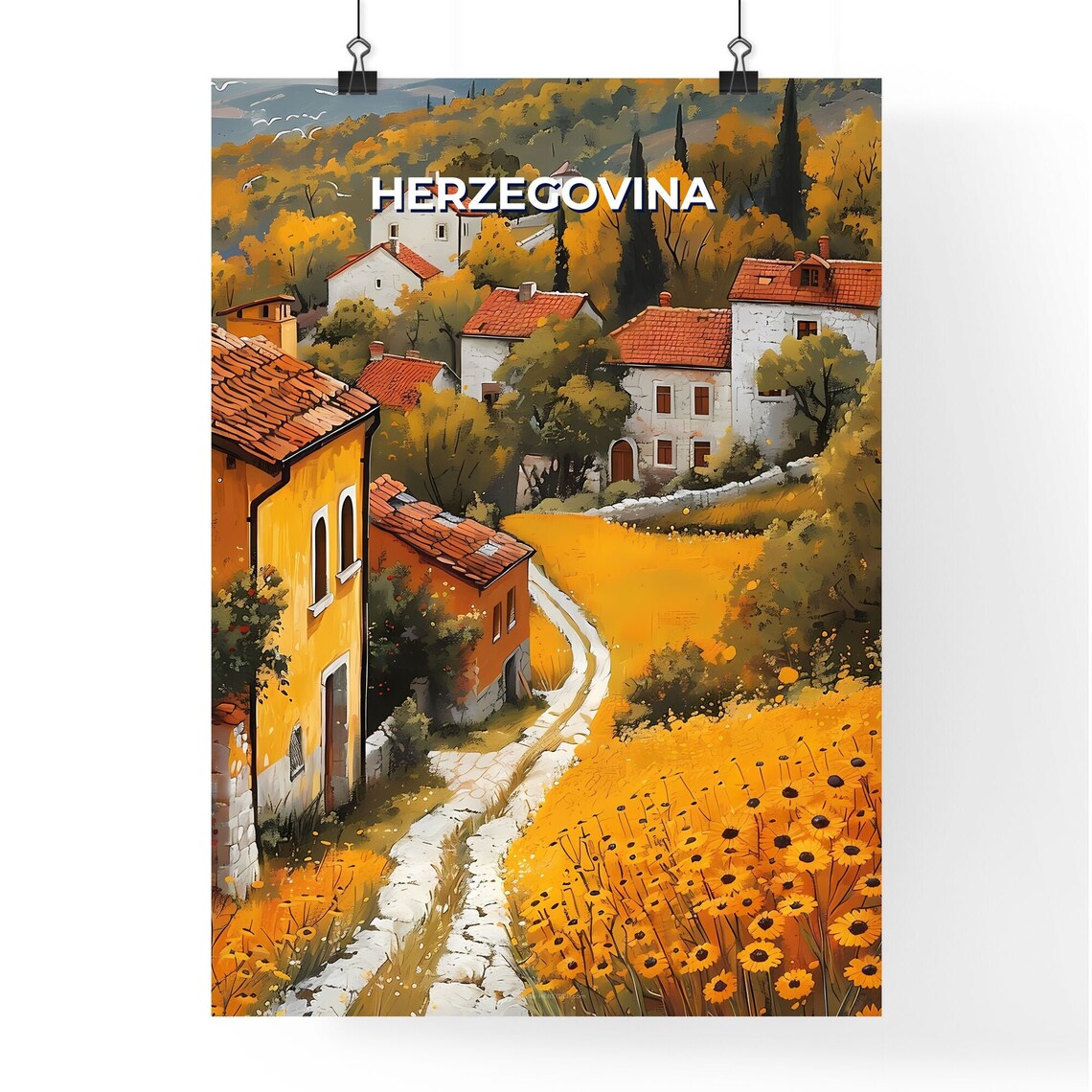 Herzegovina Village Autumn Sunflowers Stone Path Travel Poster - Image 4