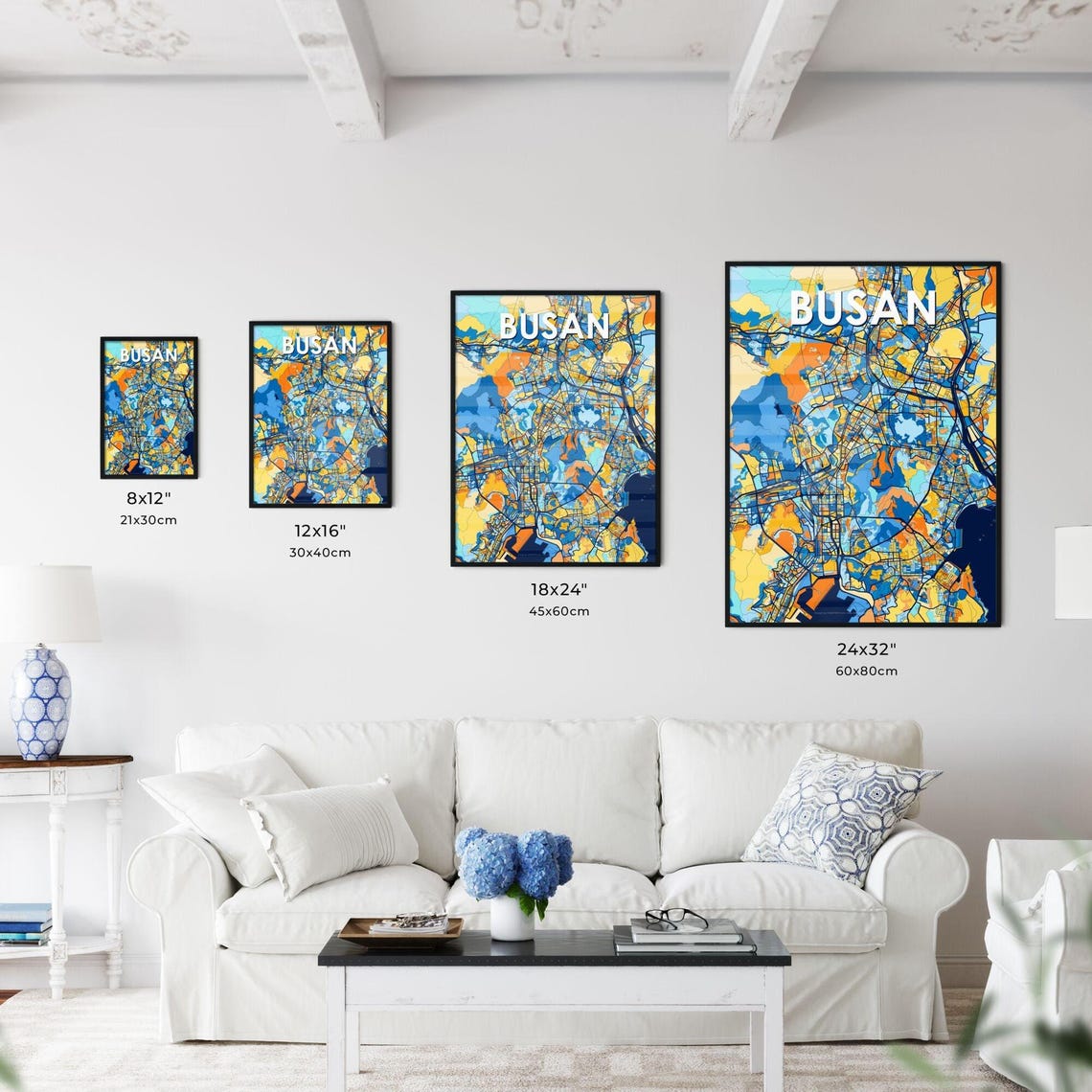 Busan South Korea Bold City Map Art Poster in Navy Orange and Yellow - Image 3
