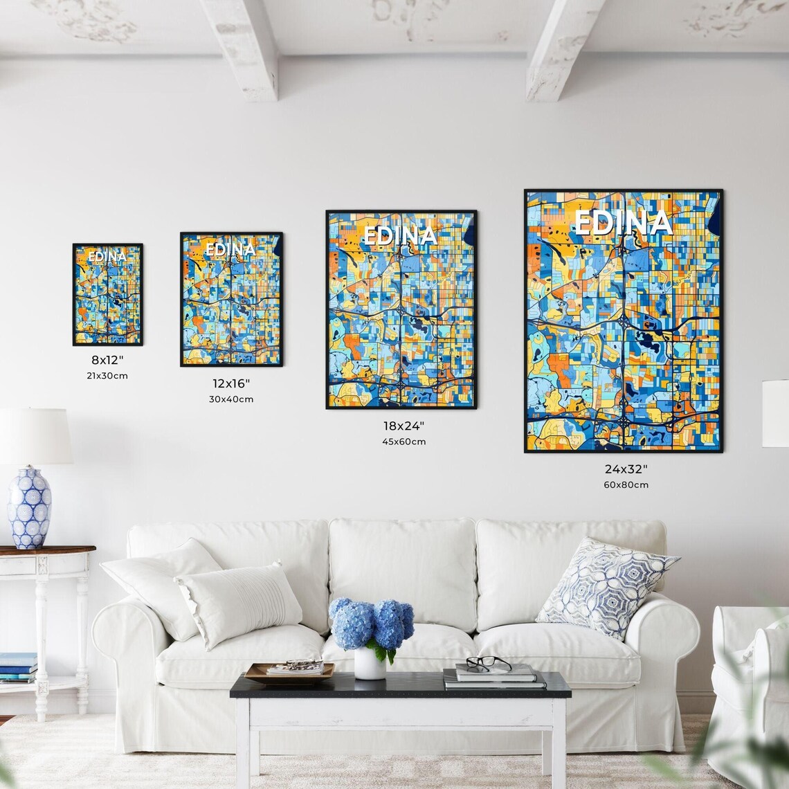 Edina Minnesota Bold Vibrant Blue and Orange City Map Poster - Image 3