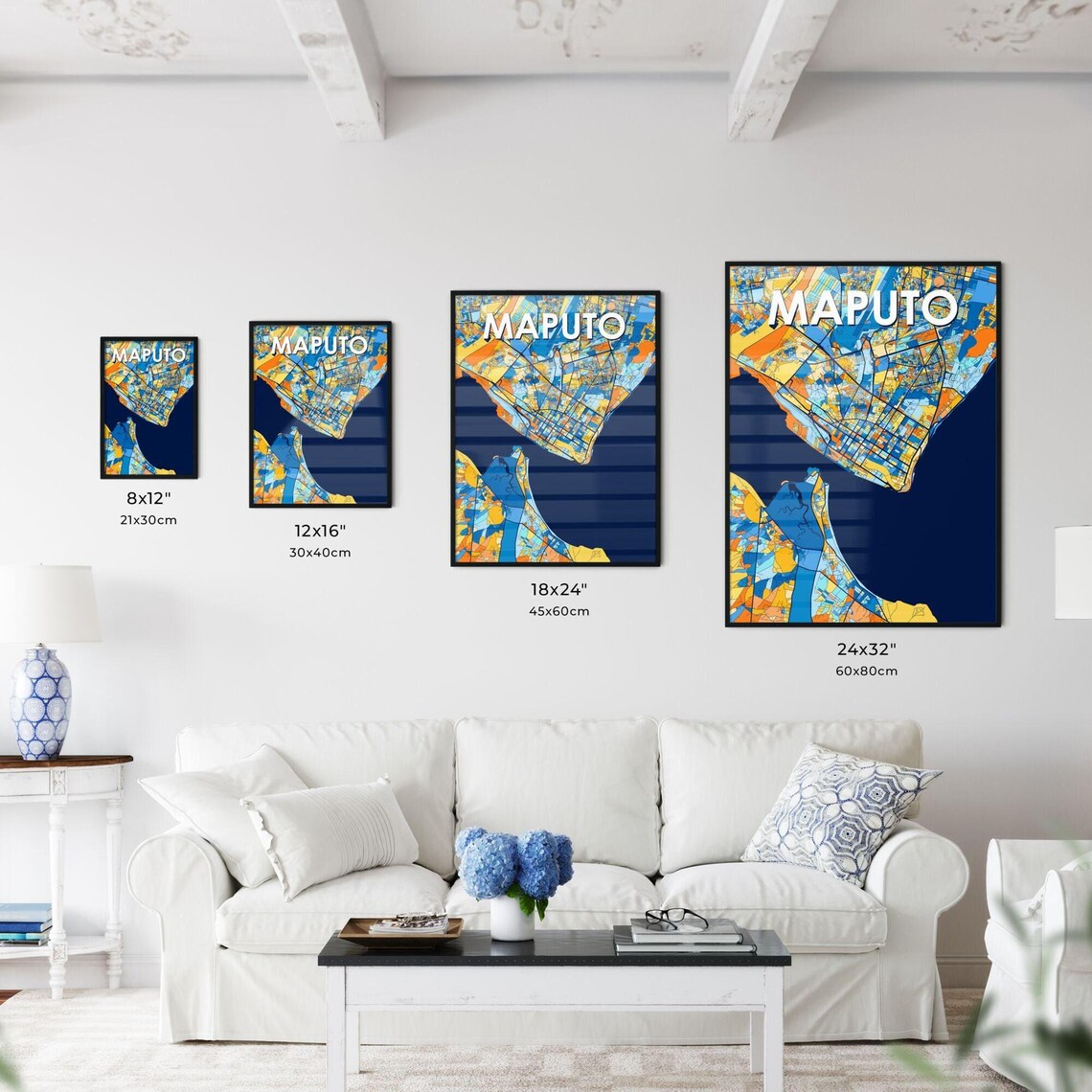 Maputo Mozambique Colorful City Street Map Blue Orange Poster Art - Image 3