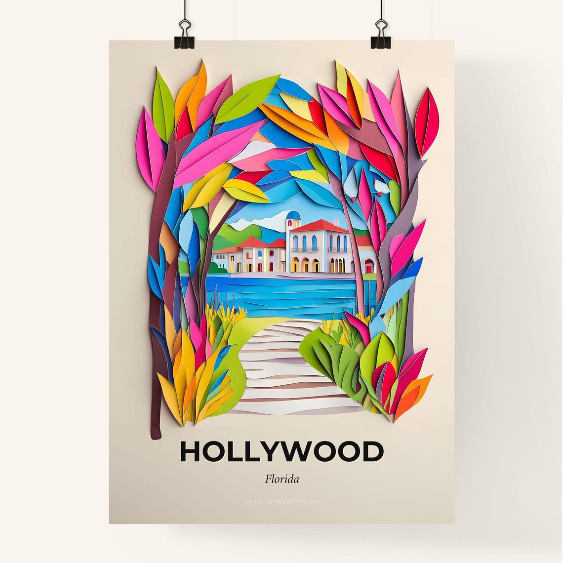 Hollywood Florida 3D Paper Cut Tropical Villa Lake Art Poster - Image 4