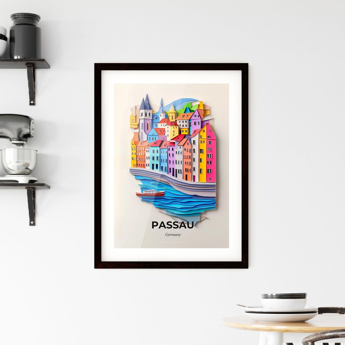 Passau Germany Old Town River Boat Colorful Paper Cut Poster - Image 2