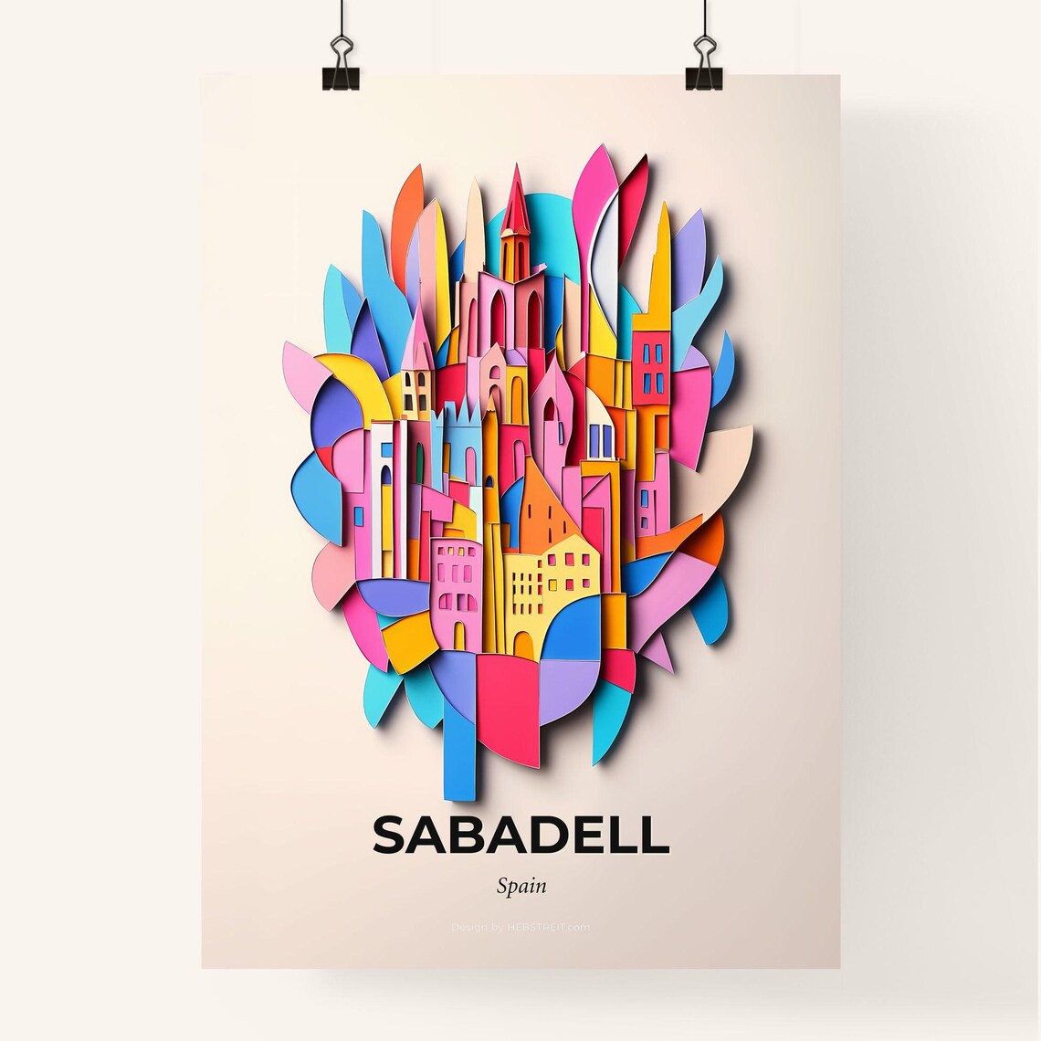 Sabadell Spain Colorful City Buildings Vivid Paper Cut Art Poster - Image 4