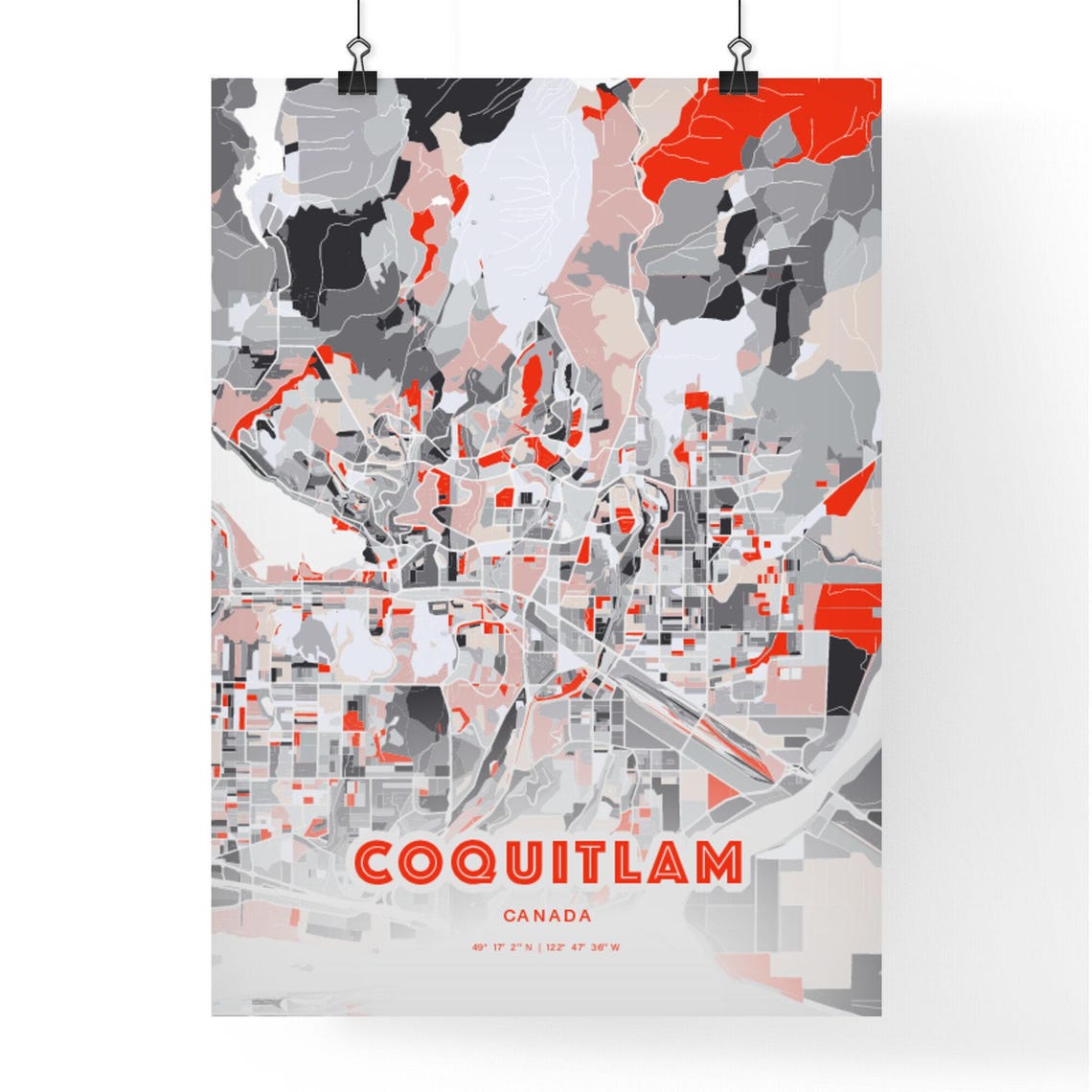 Coquitlam Canada City Map Art Modern Red Gray Coordinate Poster - Image 3