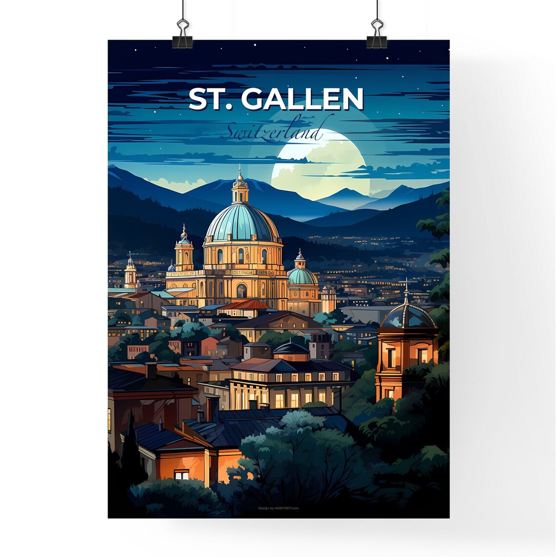 St. Gallen Switzerland Moonlit Cathedral Night Travel Poster Art - Image 4